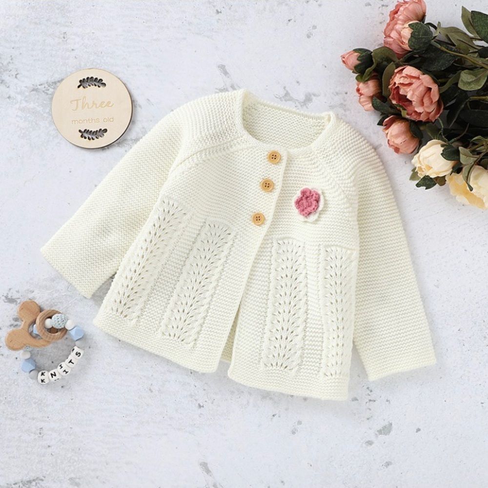 NEW Size 6-9 months, girls white knitted sweater flower long sleeve sweater